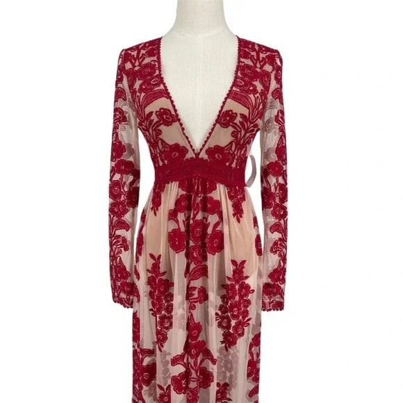 NWT For Love & Lemons Women's XS Temecula Red Floral Embroidered Maxi Dress